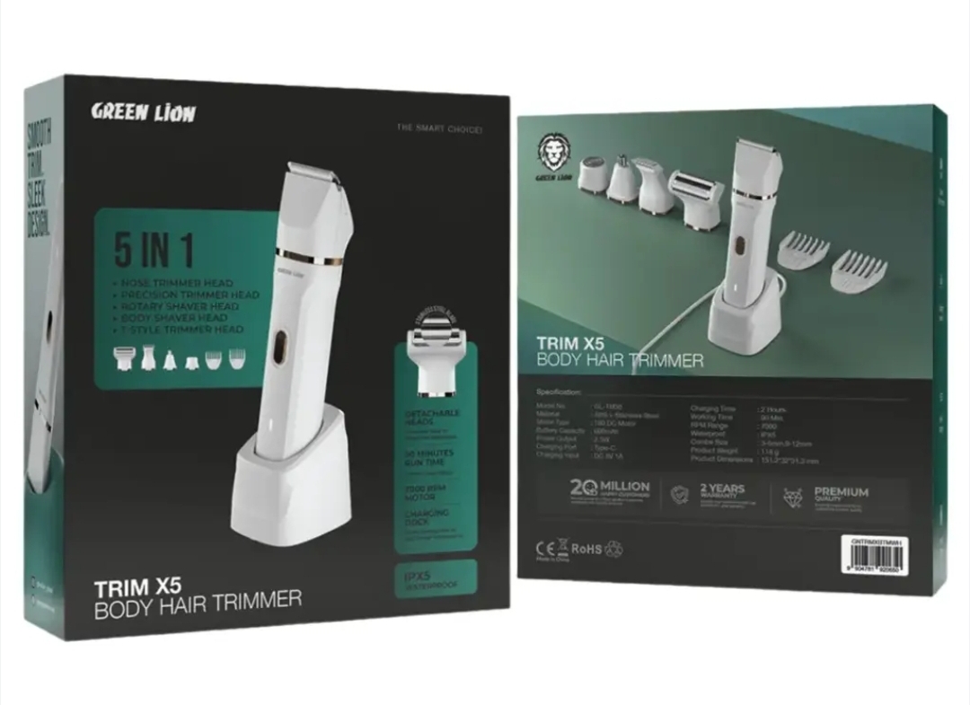 Green Lion Trim X5 5-in-1 body hair trimmer kit with a stainless steel build and charging dock