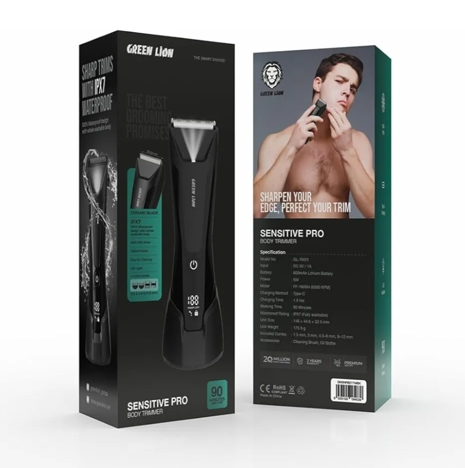 Green Lion Sensitive Pro 6500RPM Trimmer, Hair & Body 4-In-1  Grooming Kit,