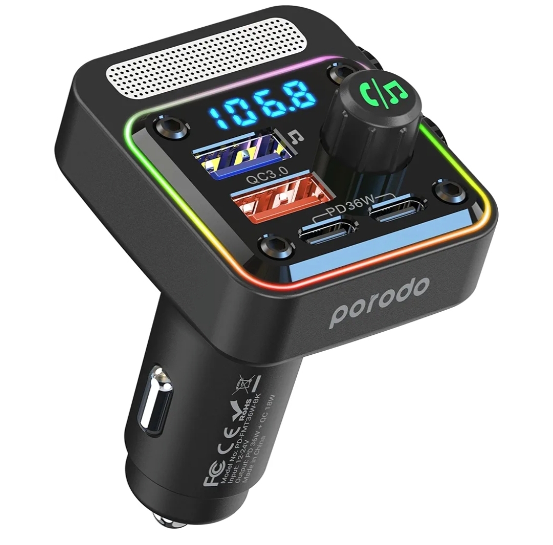 Porodo Quick-Charge FM Car Charger with Dual USB-C and USB-A ports.