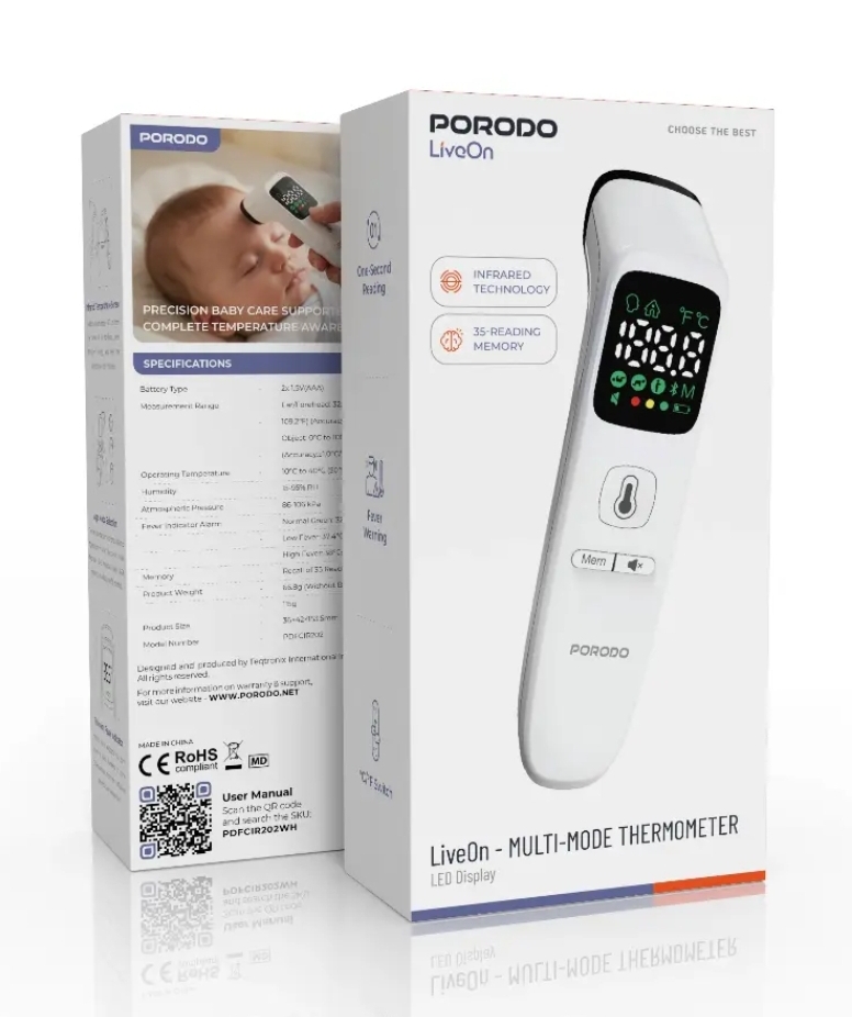 Porodo LiveOn multi-mode infrared thermometer featuring a white finish and LED display.