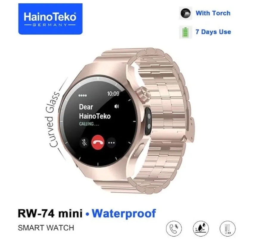 HainoTeko RW-74 Mini smartwatch with a curved AMOLED display and three interchangeable straps